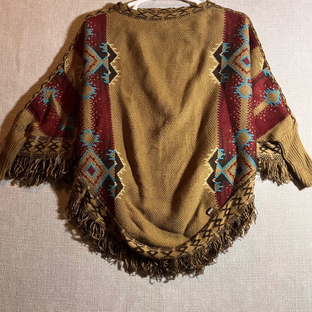 New Womens Aztec Fringe Poncho Western Boho Sweater Cape One Size Aged Rope - Picture 2 of 9